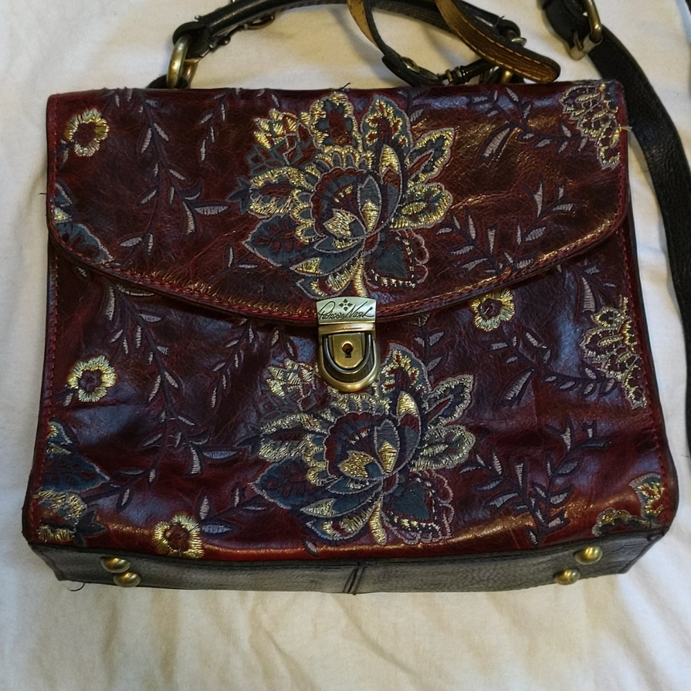 Patricia Nash Maroon Gold Embroidered Crossbody ba